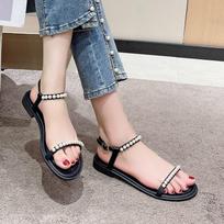 Fashion New Summer Sandals for Women Pearl One-line Buckle Open Toe Low Heel Shoes Soft Soles Anti-slip Wear-resistant Women's Shoes 35 juoda