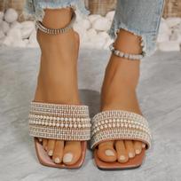 Fashion Women Luxury Pearl Slippers 2024 Summer Square Toe Flats Slides Sandals Woman Comfortable Non Slip Beach Flip Flops Big Size 43 35 šviesiai ruda spalva