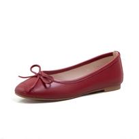 Fashion Soft Cowhide Bow Flat Ballet Shoes  Sheepskin Leather Women Shoes Walking and Driving Pumps 34 raudona