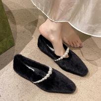 Fashion Women's Wool Shoes Cross Fluffy Casual Concise Warm Short Plush Flats 2024 Fashion Diamond Pearl Accessories Lazy Shoes Winter 35 juoda