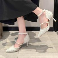 Fashion New Thin Heel Fabric Face Hollow Pearl High Heel Shoes Female Sexy Daily Spring/Summer Commuter Work Shoes Single Sandals Female 35 smėlis