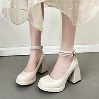 Fashion Women High Heels Elegant Pearl ankle strap Wedding Shoes French round toe beige Sandals Women Square Heel Party dress pumps 4.5