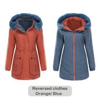Autumn and Winter Reversible Warm Cotton Coat with Detachable Hood Long Sleeve Zipper Thick Cotton Jacket Fur Collar Parka for Women S