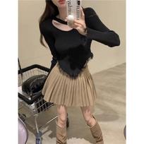 Pure To Irregular Fringe Careful Machine Leakage Collarbone Long Sleeve Bottom Knit Women Unique Chic Small Top One size