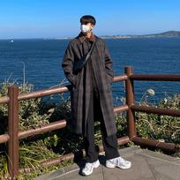 Plaid Woolen Coat Men's Medium and Long Autumn and Winter Trend Korean Version Trench Coat Loose Casual Coat M