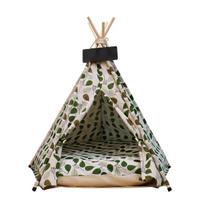 Pet Tent Lime Leaf Dog House Linen Fabric Wooden Pet Tent Removable Washable Mat S  (40 × 40 × 50cm)