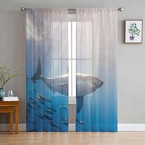 Sea Shark Tulle Curtains for Living Room Printed Sheer Voile Curtain for Bedroom Window Screening Drapes Blinds Home Decor W135 x H115cm x1&Rod Pocket