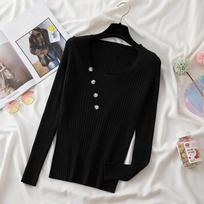 Autumn Slim Fit Square Collar Knitted Sweater Women Fashion Long Sleeve Base Women's Sweaters Tops Elegant Buttons Casual Simple Winter Clothes 25498 One Size juoda