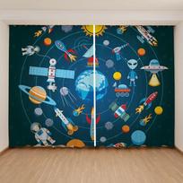 Cartoon Cute Space Astronaut Planet High Shading Curtain Children's Boys Girls Bedroom Window Dark Blue Series Pattern 2 Panels W55 X H120cm X 2&HOOK