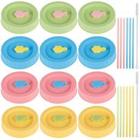 12 vnt. spalvingų plastikinių stiklainių dangtelių rinkinys, tinkantis 70 mm plataus kakliuko konservavimo stiklainiams. Dangteliai su valymo šepetėliais ir šiaudeliais maisto laikymui