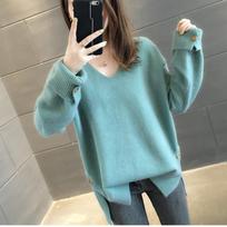 Autumn New Long Sleeve V Neck Women's Knitted Sweater Fashion Casual Loose Solid Winter Sweaters Women Soft Warm Elegant Ladies Knitwear Jumpers 25524 One Size šviesiai žalios spalvos
