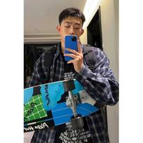 South Korea Chic Autumn Retro Lazy Style Lapel Single Breasted Classic Versatile Pocket Long Sleeve Plaid Shirt for Women M mėlyna