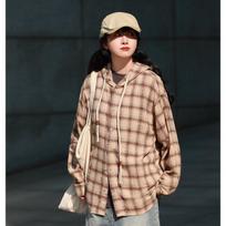 Hong Kong Style Japanese-Style Retro Plaid Hooded Shirt Men's Long-Sleeved Casual Jacket Spring and Autumn Students' Work Clothes Shirt Coat M chaki