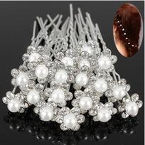 20Pcs Wedding Bridal Faux Pearl Rhinestone Flower Hair Stick Pins Clips Silver Color Jewelry ADM one Size