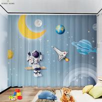 Children's Room Curtains Animation Cartoon Universe Astronaut Curtain Rod Pocket Living Room Kitchen Bedroom Decorative Curtains W50xH140(CM)x2PCS&Grommet Top white