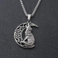 Stainless Steel Howling Wolf Moon Necklace - Viking & Slavic Animal Pendant with Adjustable Chain for Couple Jewelry Gifts Single Pendant