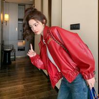 Women's French Retro Hong Kong Style PU Leather Jacket Women's Spring Style Versatile Small Short Red Baseball Jacket S raudona