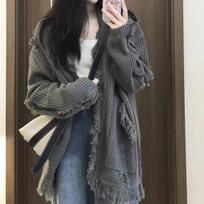 Autumn Loose Grey knitted Sweater Cardigan Jacket for Women Fashion Long Sleeve Soft Casual Winter Cardigans Women Elegant Vintage Lady Sweaters 25647 One Size pilka spalva