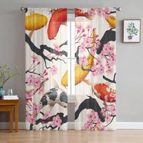 Japanese Style Carp Cherry Blossom Sheer Curtains for Living Room Decoration Window Curtains Kitchen Tulle Voile Curtains W135 x H115cm x1