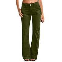 Women's Wide Leg Dress Flare Pants For Women Double Button Mid Waist Pants Trendy Fashion Casual Pants L armijos žalia spalva