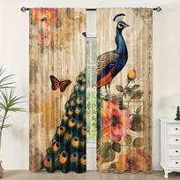 2-Piece Set Vibrant Peacock Print Curtains Rod Pocket Design For Living Room Kitchen Bedroom Window Blinds Home Decor cortinas 100W130H(CM)40x51in&rod pocket