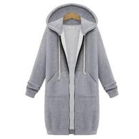 Sweater Women's Medium and Long Fleece Pocket Hooded Zipper Trench Coat Women 2XL