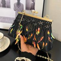 Sequin Messenger Bag for Women  Prom Clutch Shoulder Bags Classic Lock Shell Clip Fringe Handbags White Gold