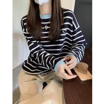 New contrast striped lazy long-sleeved sweater for women in autumn with loose belly-covering bottoming shirt top One Size