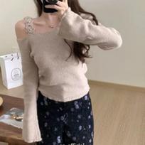 Retro Off Shoulder Pullovers Sweater for Women Autumn Long Sleeve Knitted Sweaters Women Tops Elegant Chic Flower Sling Vintage Winter Knitwear 26052 One Size abrikosas