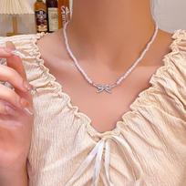 Japanese & Korean-Style Luxury Millet Bead Clavicle Necklace with Diamond Bow for Women X1648 sidabras