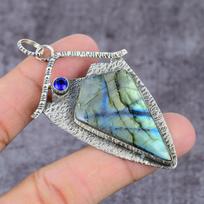 Labradorite, Blue Topaz Handmade 925 Sterling Silver Pendant 2.22  w8T54