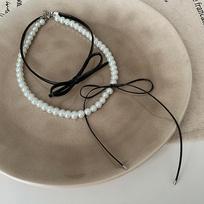 Leather Bow Pearl Double Necklace Women'S Design Sense High Fashion Trend Personality Versatile Neck Chain Collarbone Chain