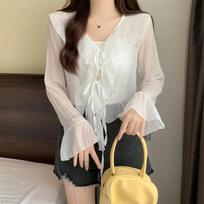 Fashion New V-neck Ruffled Flare Long Sleeve Women's Blouses Elegant Vintage Lace-up Sexy Shirts Women Summer Slim Fit Solid Ladies Shirt Tops 26122 One size balta