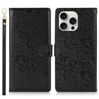 Atverčiamas dėklas PU odos įspaudas rožių gėlės Riešo dirželis Folio kortelės lizdai Magnetinis stovo apsauginis dangtelis skirtas iPhone 16 15 14 13 12 Pro Max XR XS Max iPhone 6/7/8G/SE/SE2/SE3 juoda