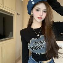 Black T-shirts For Women's Tees Long Sleeve Printed Letters Tops For Girls Y2K T-shirts XL