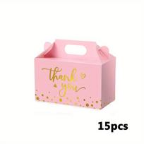 15pcs Thank You Gable Boxes In Bulk Golden Goodie Candy Boxes with Handle Party Gift Treat Boxes for Wedding Birthday Party Favors Packing 15pcs pink