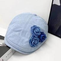 Beret Washed and Worn Denim Bud Hat Flower Sticker Painter Hat Women's Forward Hat