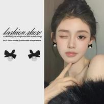 Elegant Pearl & Black Bow Sterling Silver Earrings - 2023 Luxury Trend juoda