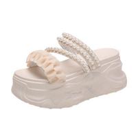 Thick-soled Sponge Cake Two-wear Sandals Women's Outer Wear Popular Summer Wedge-heeled Beaded Sponge Cake-soled Sandals and Slippers 39 smėlis