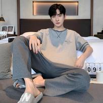 Fashion Short Sleeves Sleeping Tops Trousers Nightwear For Men Cotton Pijamas Suit Male Casual Home Clothes Pjs Homme L for 50-60kg