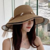 Pearl Decorated Straw Hat Women's Summer Outdoor Beach Visor French Casual Sunscreen Big Eaves Hat ONE SIZE
