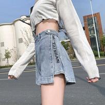 Side Zipper Denim Shorts Women's Baggy Wide-leg Pants Slimming Letters Outside Summer Wear S šviesiai mėlyna spalva
