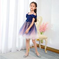 Starry Sky Sequined One-Shoulder Tutu Dress for Girls - European and American Summer Princess Style 150 cm tamsiai mėlyna spalva