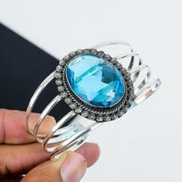 Siwss Blue Topaz Gemstone Handmade 925 Sterling Silver Cuff Bangle, Siwss Blue Topaz Bangle,For Wife, Unisex Bangle, Gifts For Easter 6" mėlyna