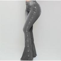 Jeans High Waist Strecth Denim Flare Pants Women Vintage Trousers Buttons Denims Streetwear 2025 Spring Autumn Female Floor Length S pilka spalva