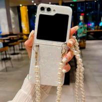 Luxury Fashion Pearl Necklace Long Chain Case For Samsung Galaxy Z Flip 6 5 4 3 5G Crossbody Lanyard Colorful Shell Phone Cover For Galaxy Z Flip 3