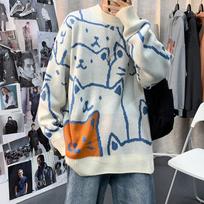 Men's Trendy Hong Kong Style Cartoon Sweater - Loose Fit, Round Neck, Autumn/Winter Knitted Fashion for Students L