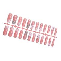 24Pcs Elegant Long Square Faux Nail with Cute 3D Bows and Rhinestones Designs Easy Application Press On Nail for Women white