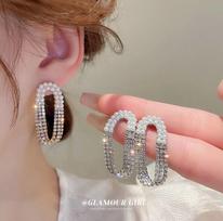 Korean diamond-set pearl oval fringed earrings niche light luxury temperament versatile design stud earrings ear jewelry auksas