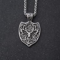 Viking Helm of Awe Deer Pendant Necklace - Stainless Steel Pagan Jewelry for Men & Women with Vegvisir Rune Design & Gift Pouch
